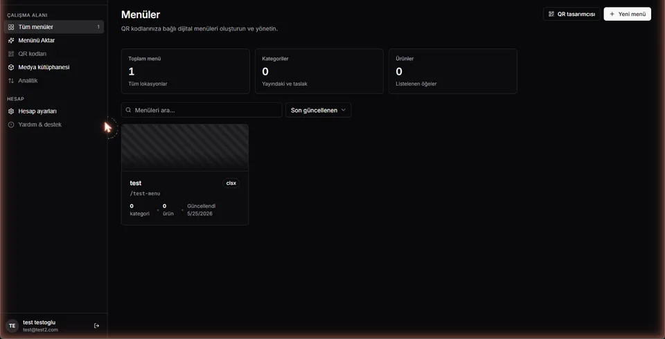 QRMenu admin dashboard — All menus screen