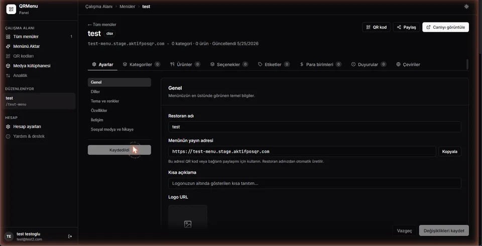 Menu editing screen — settings, categories, products